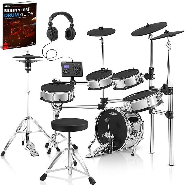 AKLOT acoustic-style electronic drum set with wooden kick and snare