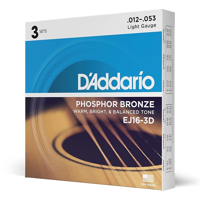 D’Addario EJ16-3D phosphor bronze acoustic guitar strings, three sets