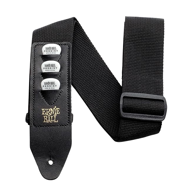 Ernie Ball black polypro guitar strap with pick holder on the leather end
