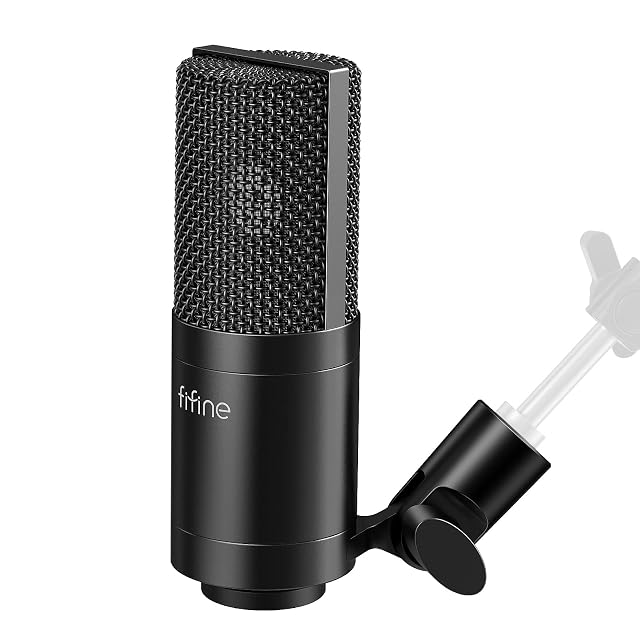 FIFINE K669C XLR condenser microphone on its metal tripod stand