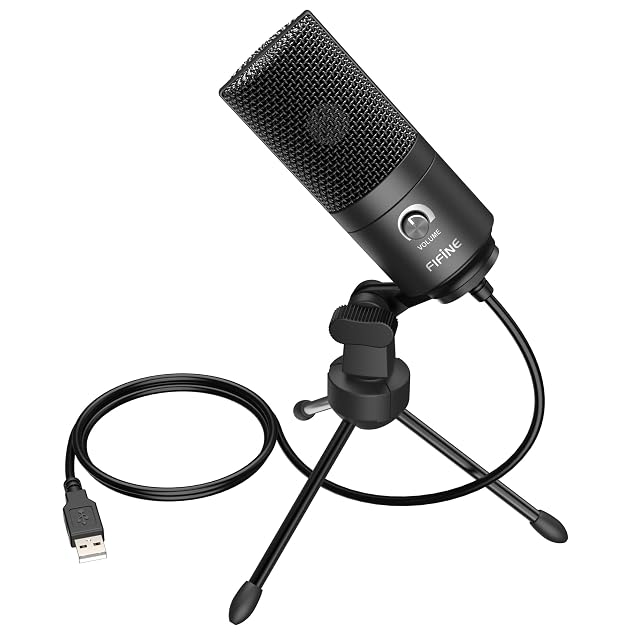 FIFINE USB condenser microphone on its metal tripod stand