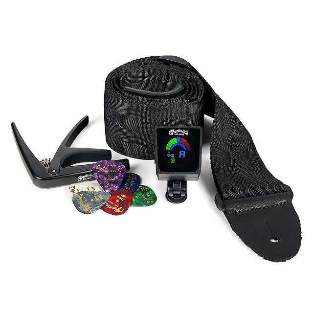 Martin guitar starter pack with capo, clip-on tuner, strap and colored picks