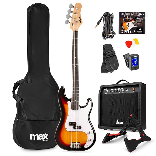 MAX GigKit bass guitar set in sunburst with amplifier and stand