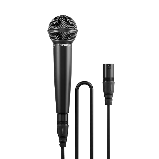 Phenyx Pro PM-25 dynamic microphone with its clip and XLR cable