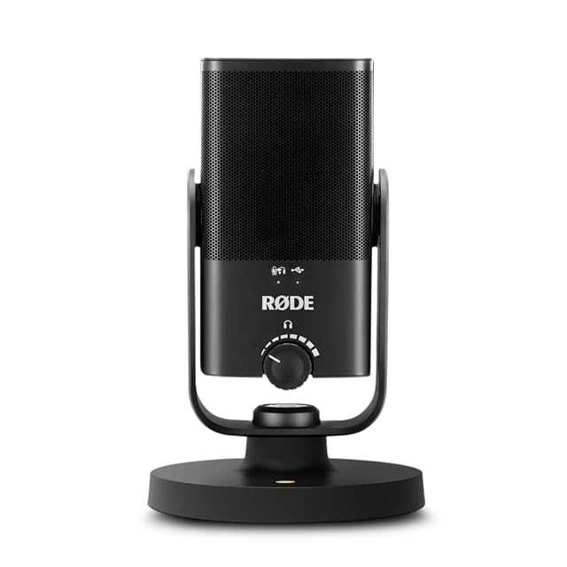 RØDE NT-USB Mini USB condenser microphone on its magnetic desk stand