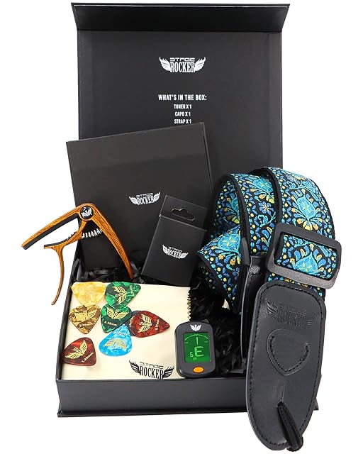 Stage Rocker gift box with turquoise jacquard strap, picks, capo and clip-on tuner