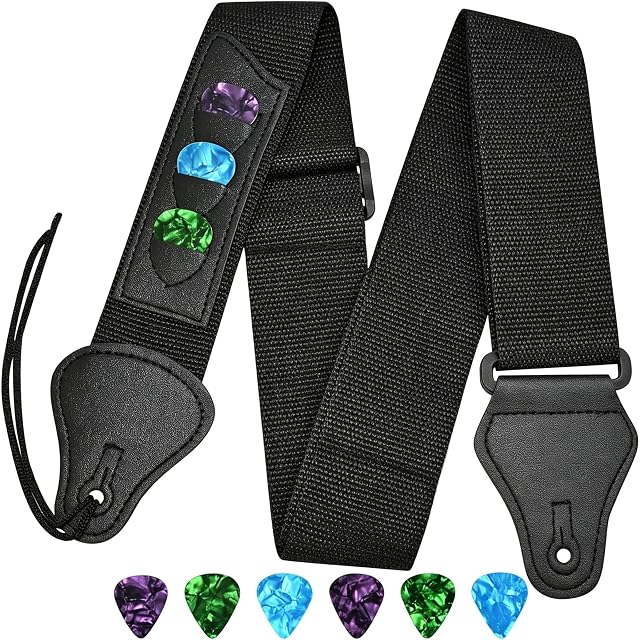 YJRNTY universal guitar strap with three pick holders and six picks